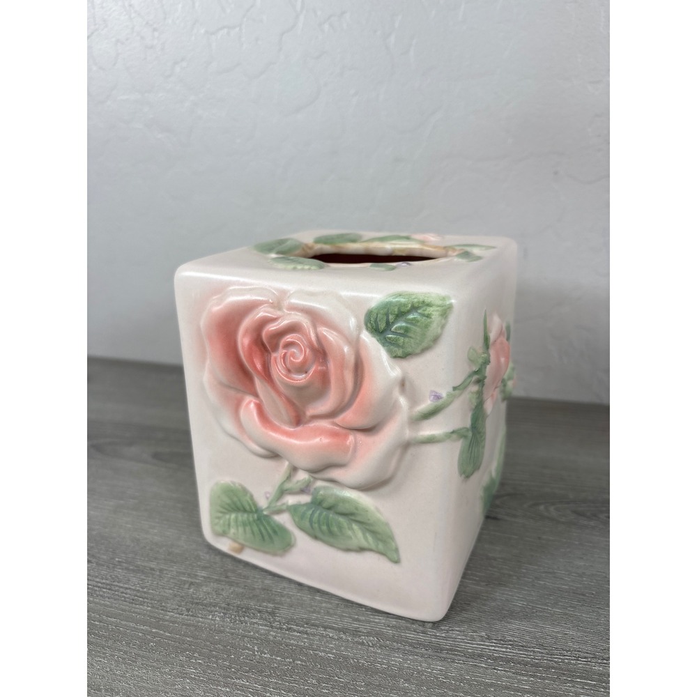 Vintage Fitz and Floyd Pink Rose Ceramic Tissue Box Cover Boutique Square Holder
